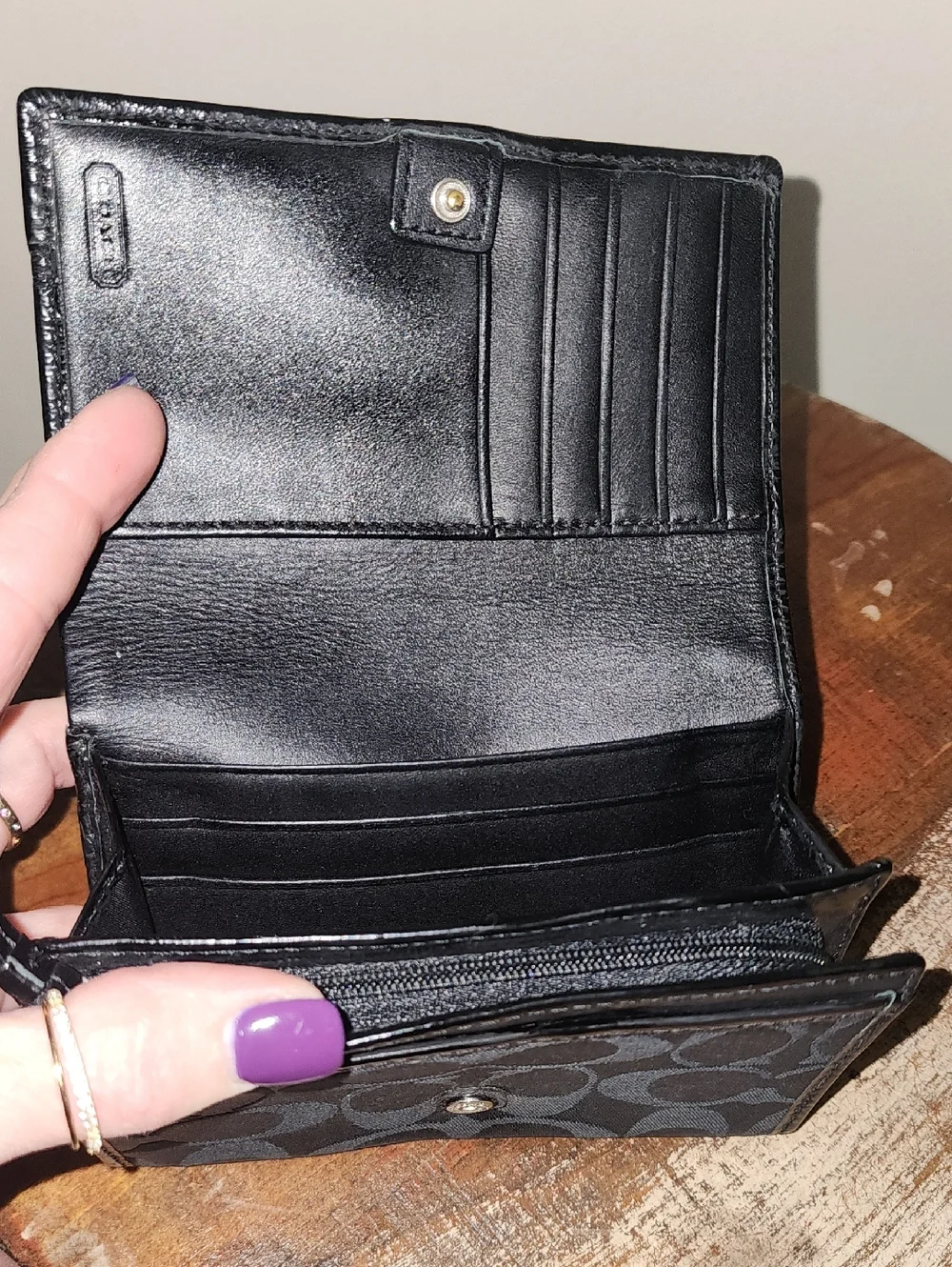 Coach Black Signature Compact Trifold Leather Wallet